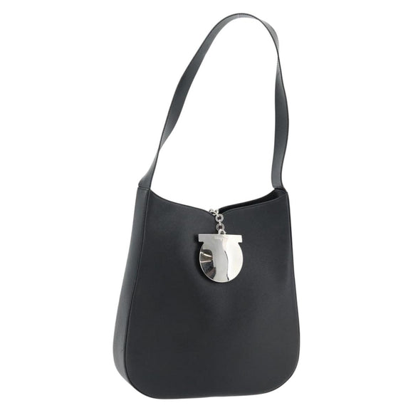 Salvatore Ferragamo Gancini Shoulder Bag Leather Black Silver Auth bs35252