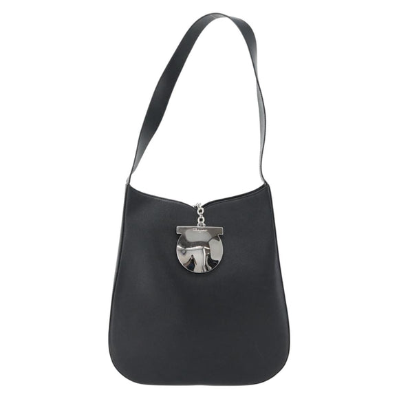 Salvatore Ferragamo Gancini Shoulder Bag Leather Black Silver Auth bs35252