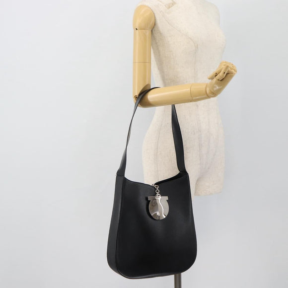 Salvatore Ferragamo Gancini Shoulder Bag Leather Black Silver Auth bs35252