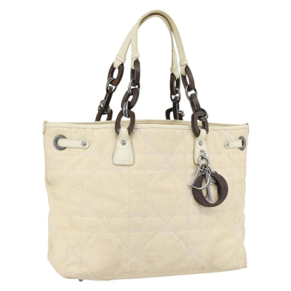 Christian Dior Lady Dior Wood Chain Bag Coated Canvas Ivory Silver Auth bs35259