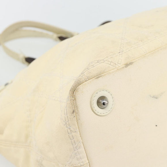 Christian Dior Lady Dior Wood Chain Bag Coated Canvas Ivory Silver Auth bs35259