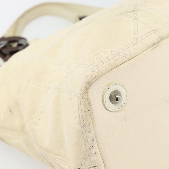 Christian Dior Lady Dior Wood Chain Bag Coated Canvas Ivory Silver Auth bs35259