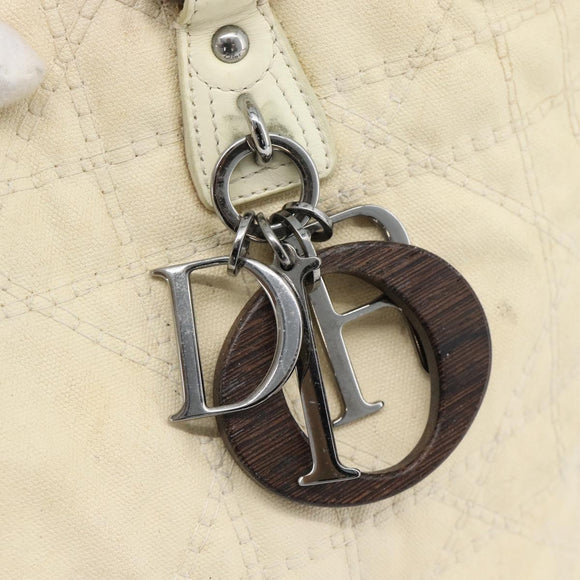 Christian Dior Lady Dior Wood Chain Bag Coated Canvas Ivory Silver Auth bs35259