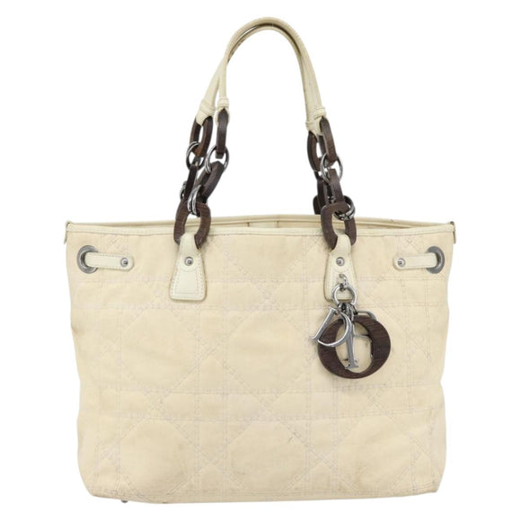 Christian Dior Lady Dior Wood Chain Bag Coated Canvas Ivory Silver Auth bs35259