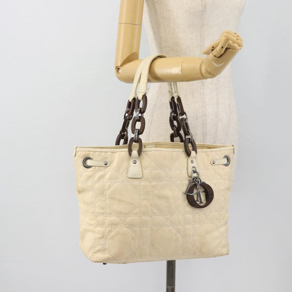 Christian Dior Lady Dior Wood Chain Bag Coated Canvas Ivory Silver Auth bs35259