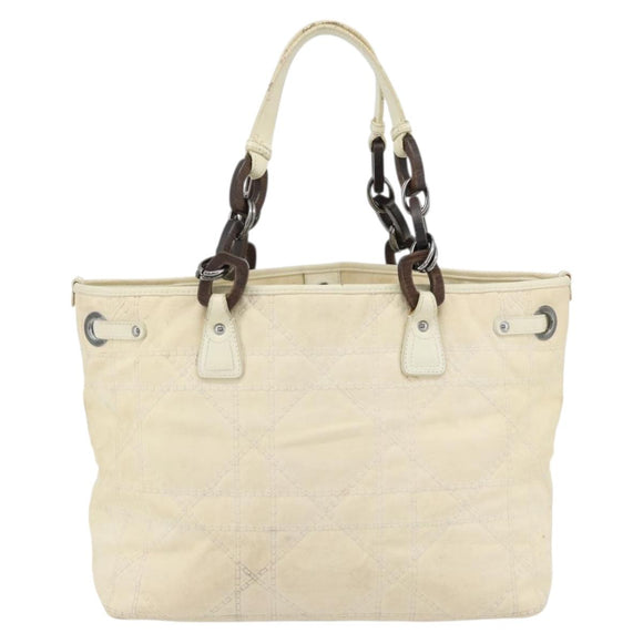Christian Dior Lady Dior Wood Chain Bag Coated Canvas Ivory Silver Auth bs35259