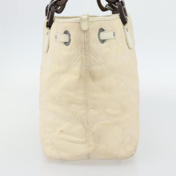 Christian Dior Lady Dior Wood Chain Bag Coated Canvas Ivory Silver Auth bs35259