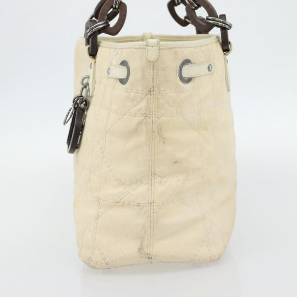 Christian Dior Lady Dior Wood Chain Bag Coated Canvas Ivory Silver Auth bs35259