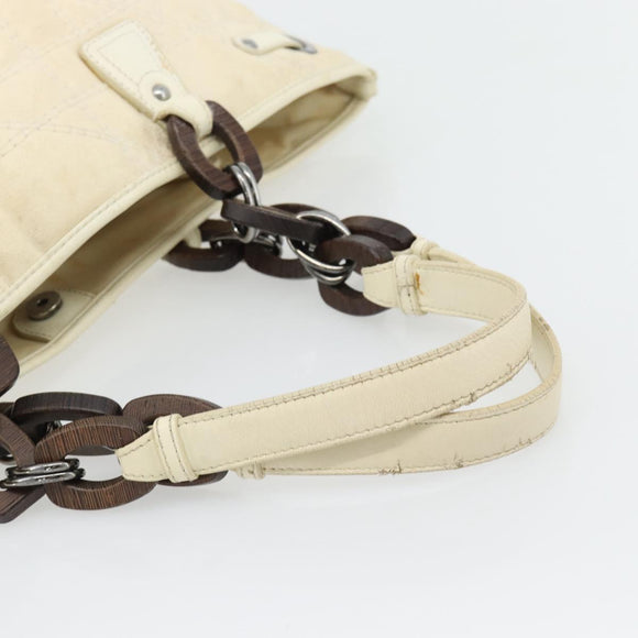 Christian Dior Lady Dior Wood Chain Bag Coated Canvas Ivory Silver Auth bs35259