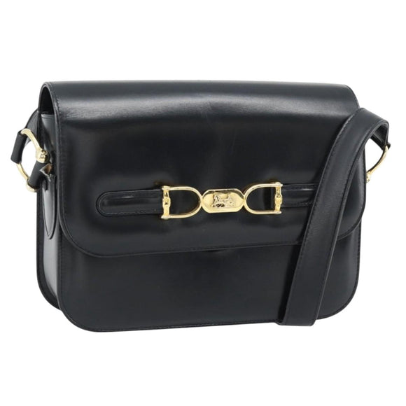 CELINE Horse Carriage Shoulder Bag Leather Black Gold Auth bs35269