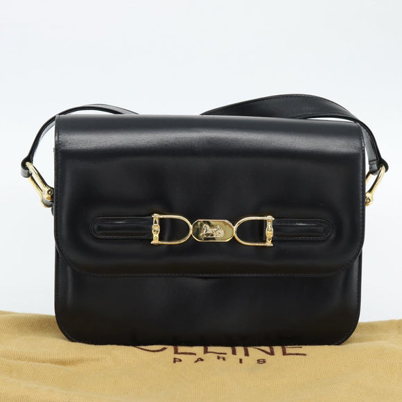 CELINE Horse Carriage Shoulder Bag Leather Black Gold Auth bs35269
