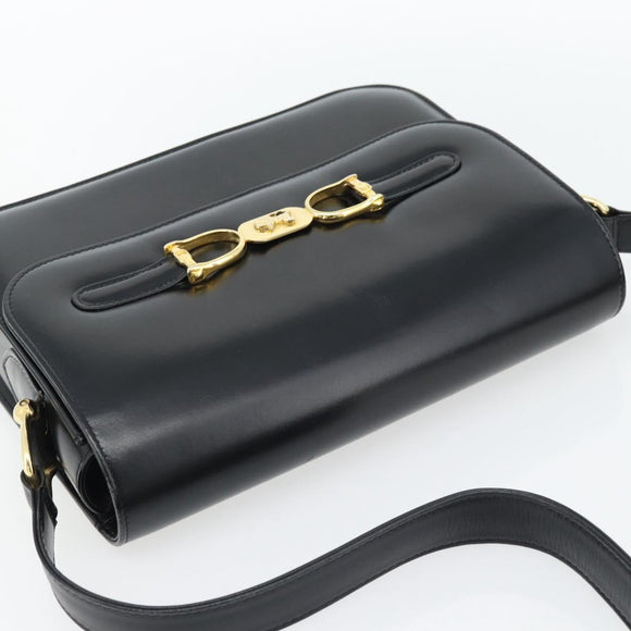 CELINE Horse Carriage Shoulder Bag Leather Black Gold Auth bs35269