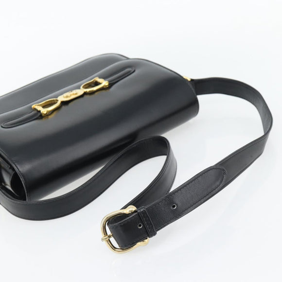 CELINE Horse Carriage Shoulder Bag Leather Black Gold Auth bs35269