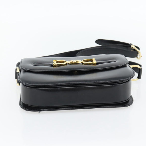 CELINE Horse Carriage Shoulder Bag Leather Black Gold Auth bs35269