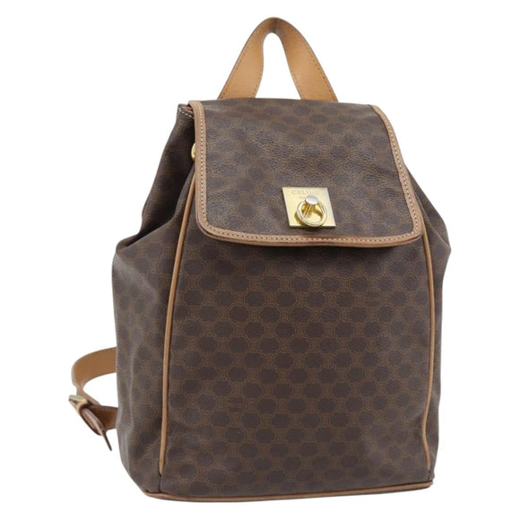 CELINE Macadam Canvas Backpack PVC Leather Brown Gold Auth bs35270