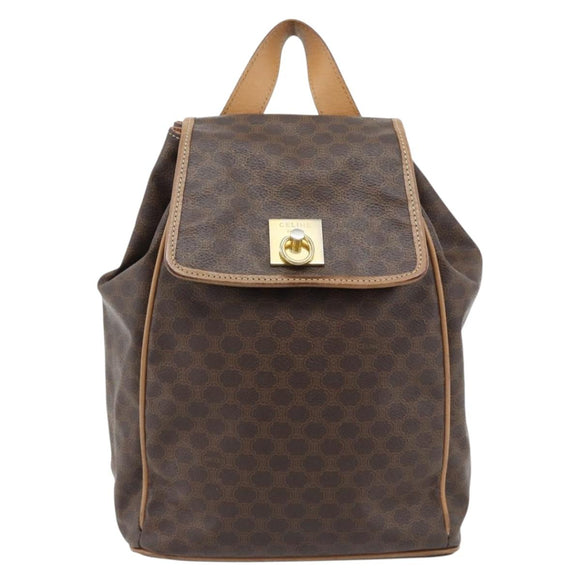 CELINE Macadam Canvas Backpack PVC Leather Brown Gold Auth bs35270