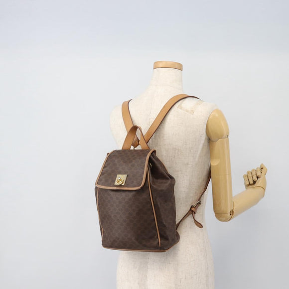 CELINE Macadam Canvas Backpack PVC Leather Brown Gold Auth bs35270