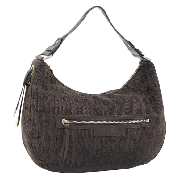 BVLGARI Logo Mania Shoulder Bag Canvas Brown Gold Auth bs35281