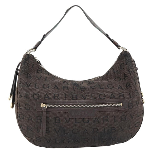 BVLGARI Logo Mania Shoulder Bag Canvas Brown Gold Auth bs35281