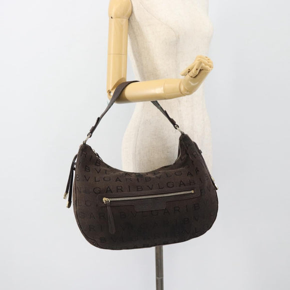 BVLGARI Logo Mania Shoulder Bag Canvas Brown Gold Auth bs35281