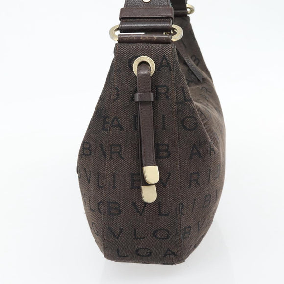 BVLGARI Logo Mania Shoulder Bag Canvas Brown Gold Auth bs35281
