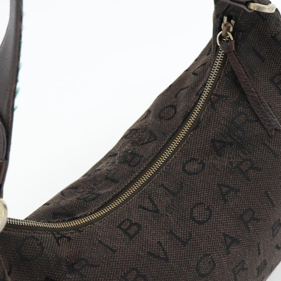 BVLGARI Logo Mania Shoulder Bag Canvas Brown Gold Auth bs35281