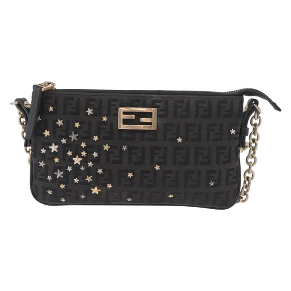 FENDI Zucchino Canvas Chain Shoulder Bag Black Gold Auth bs35294A