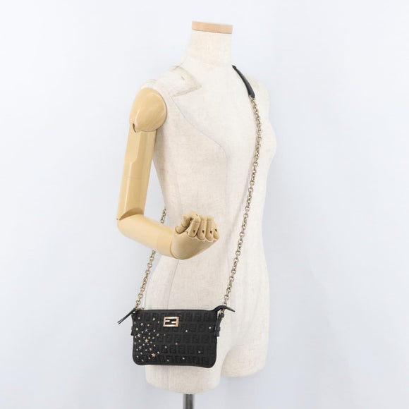 FENDI Zucchino Canvas Chain Shoulder Bag Black Gold Auth bs35294A
