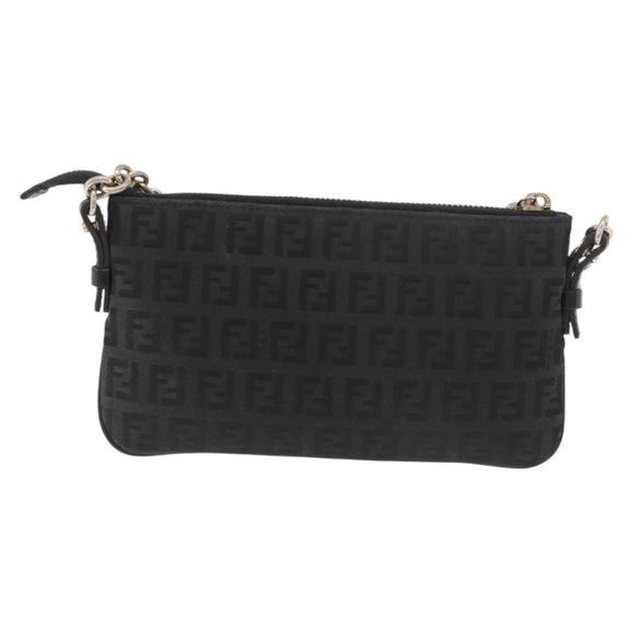 FENDI Zucchino Canvas Chain Shoulder Bag Black Gold Auth bs35294A