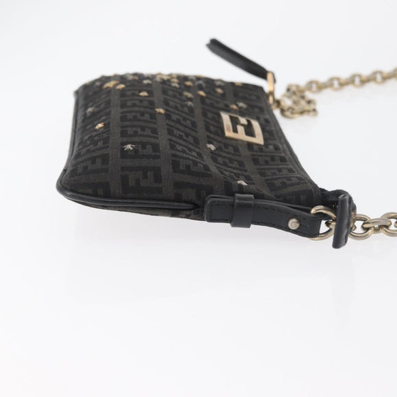 FENDI Zucchino Canvas Chain Shoulder Bag Black Gold Auth bs35294A