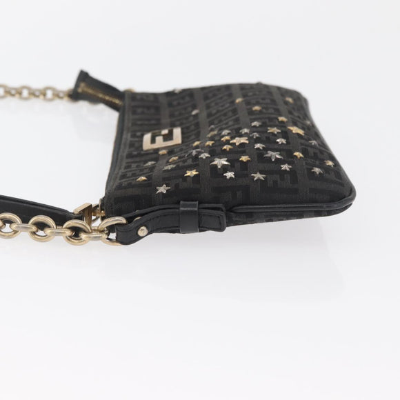 FENDI Zucchino Canvas Chain Shoulder Bag Black Gold Auth bs35294A