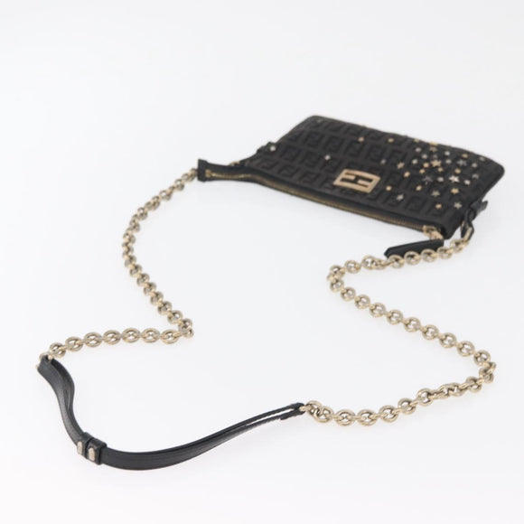 FENDI Zucchino Canvas Chain Shoulder Bag Black Gold Auth bs35294A