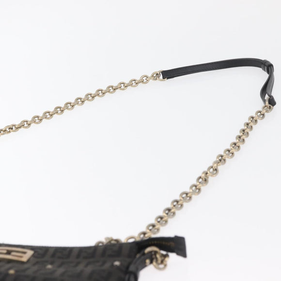 FENDI Zucchino Canvas Chain Shoulder Bag Black Gold Auth bs35294A