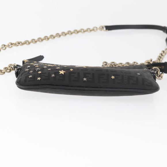 FENDI Zucchino Canvas Chain Shoulder Bag Black Gold Auth bs35294A