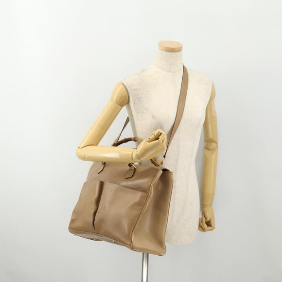GUCCI Bamboo Hand Bag Leather 2way Beige Gold Auth bs35299