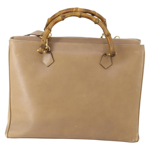 GUCCI Bamboo Hand Bag Leather 2way Beige Gold Auth bs35299