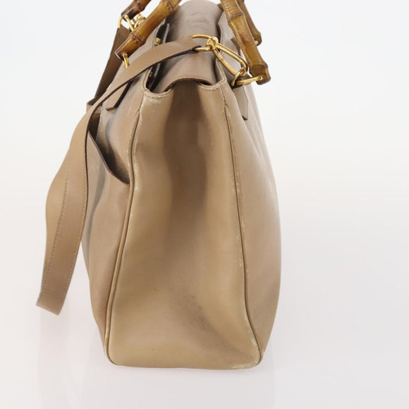 GUCCI Bamboo Hand Bag Leather 2way Beige Gold Auth bs35299