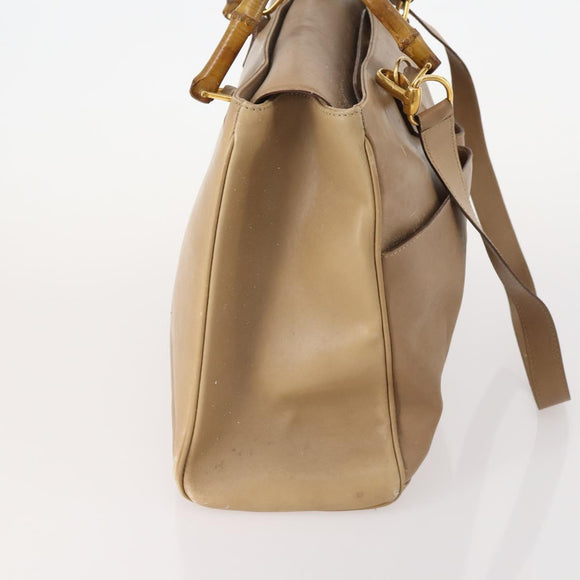 GUCCI Bamboo Hand Bag Leather 2way Beige Gold Auth bs35299