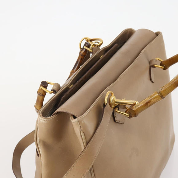 GUCCI Bamboo Hand Bag Leather 2way Beige Gold Auth bs35299
