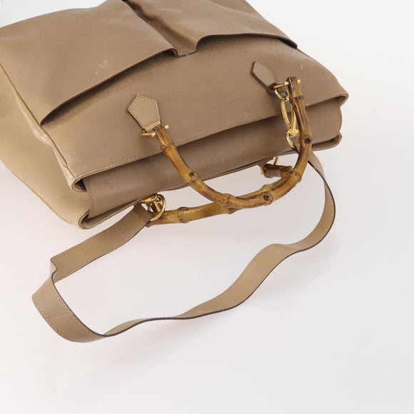 GUCCI Bamboo Hand Bag Leather 2way Beige Gold Auth bs35299