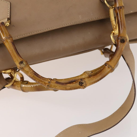 GUCCI Bamboo Hand Bag Leather 2way Beige Gold Auth bs35299