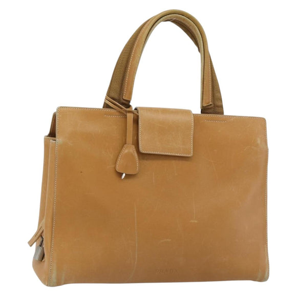 PRADA Tote Bag Leer Beige Zilver Auth bs35304
