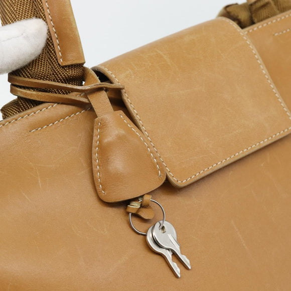 PRADA Tote Bag Leer Beige Zilver Auth bs35304