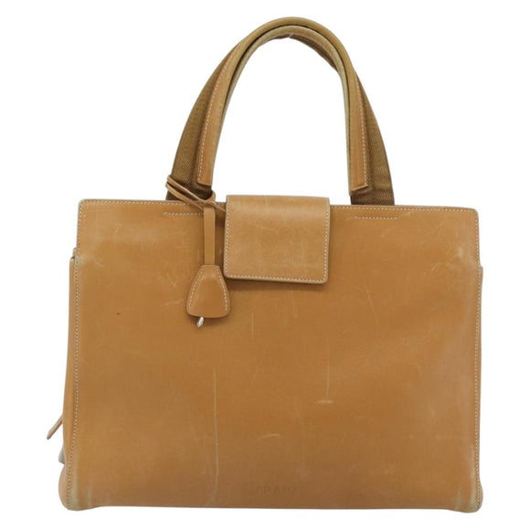 PRADA Tote Bag Leer Beige Zilver Auth bs35304