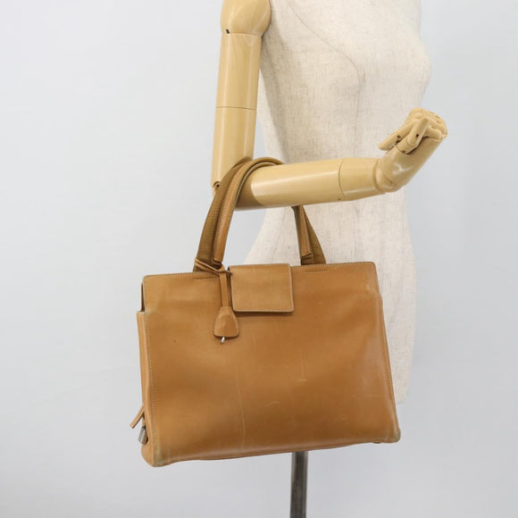 PRADA Tote Bag Leer Beige Zilver Auth bs35304