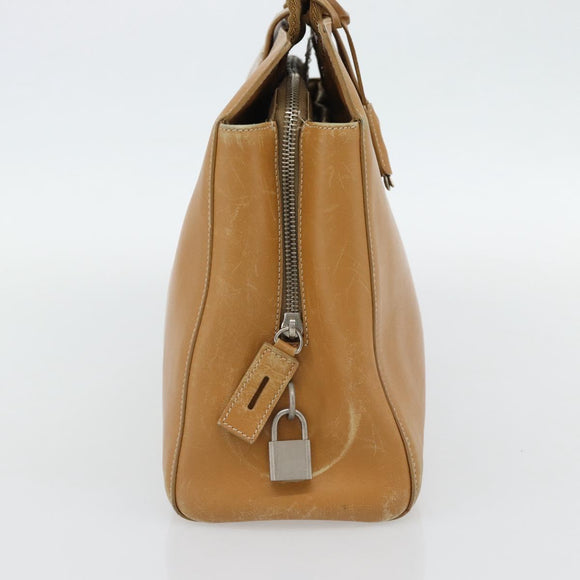 PRADA Tote Bag Leer Beige Zilver Auth bs35304