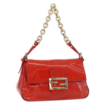 FENDI Mamma Baguette Chain Shoulder Bag Patent leather Red Gold Auth bs35306A