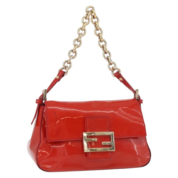 FENDI Mamma Baguette Chain Shoulder Bag Patent leather Red Gold Auth bs35306A