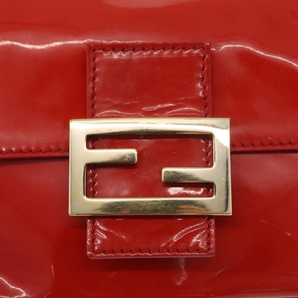 FENDI Mamma Baguette Chain Shoulder Bag Patent leather Red Gold Auth bs35306A