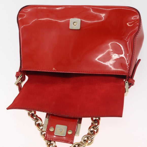 FENDI Mamma Baguette Chain Shoulder Bag Patent leather Red Gold Auth bs35306A